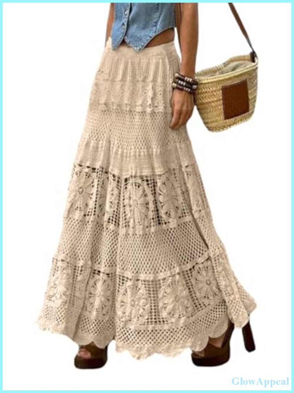 Women's Boho Maxi Skirt Floral Lace Crochet Knit A-Line Hippie Flowy Long Skirt